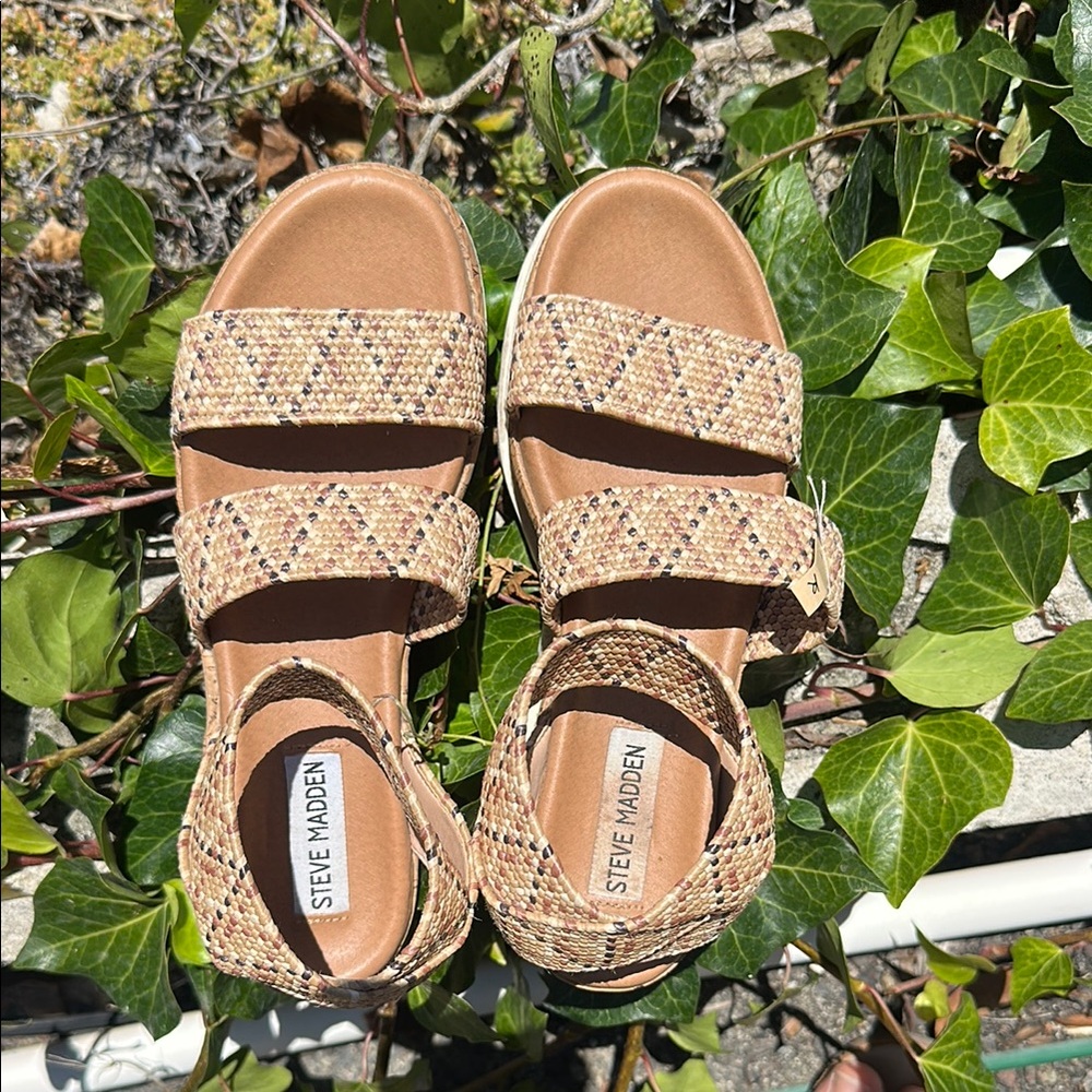 Steve Madden Tan and Black Woven Sandals